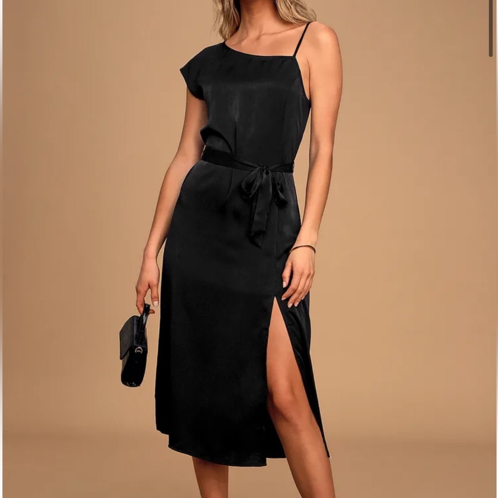 Lulus Black Satin Asymmetrical One-Shoulder Midi Dress